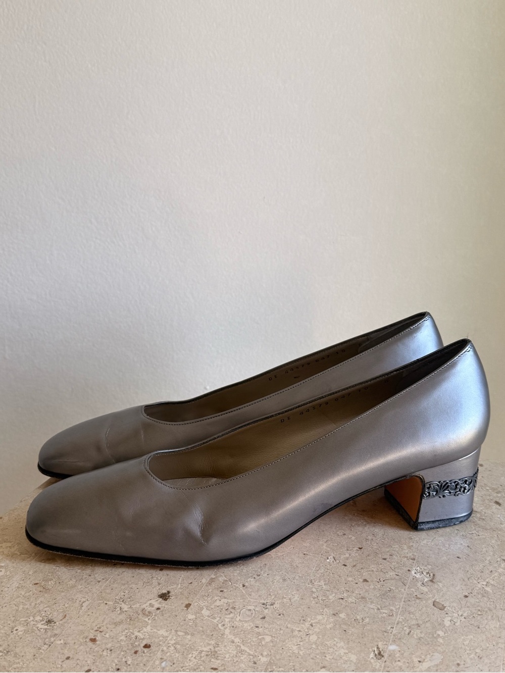 Salvatore Ferragamo Metallic Gray Leather Block Heel Pumps
